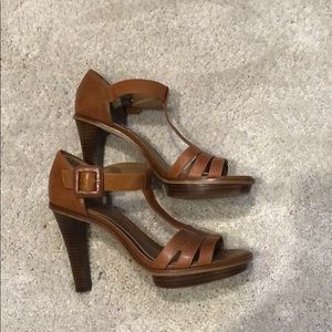 Dark camel heeled t-strap sandals